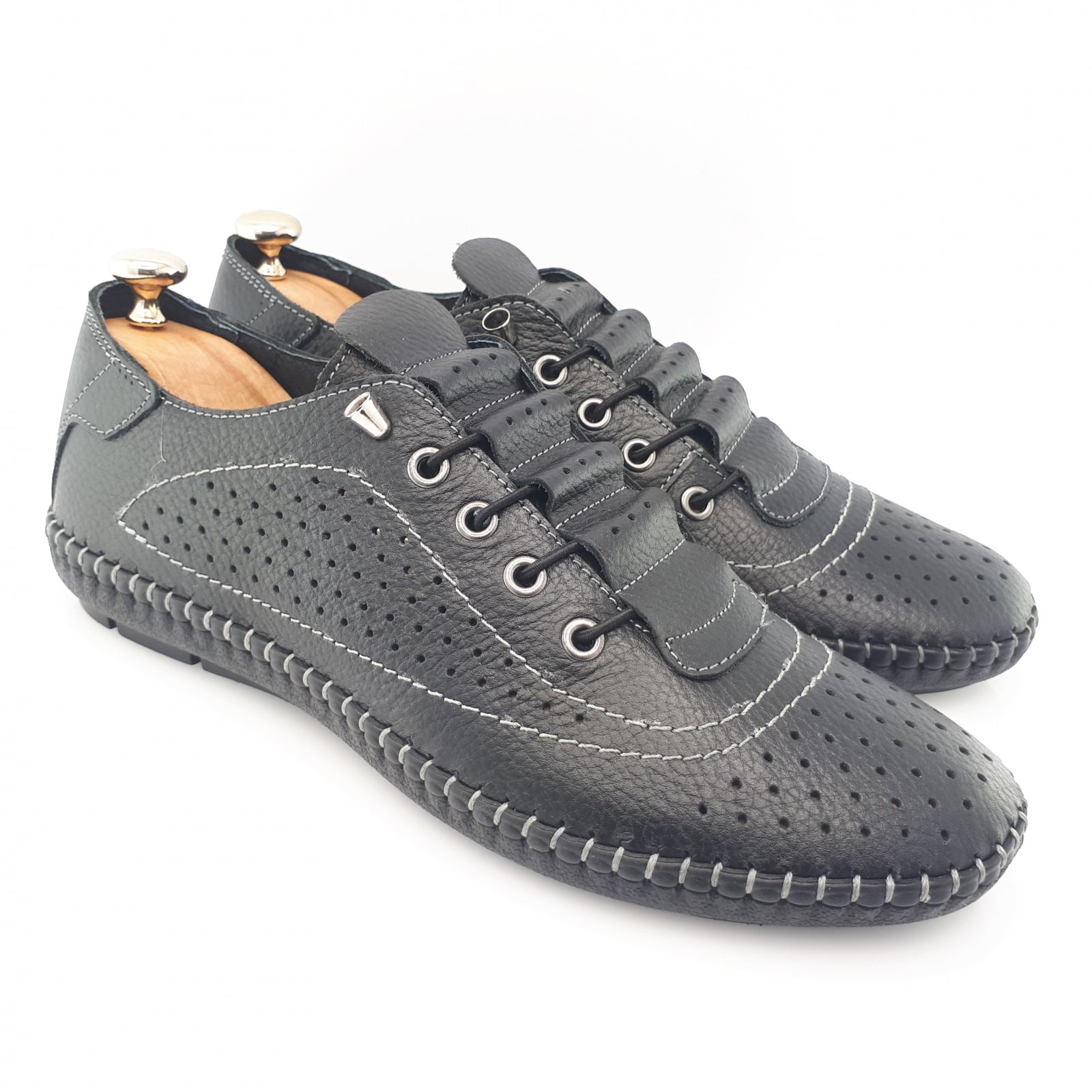 Pantofi Bărbați Din Piele Naturală Perforată Neagră 6508