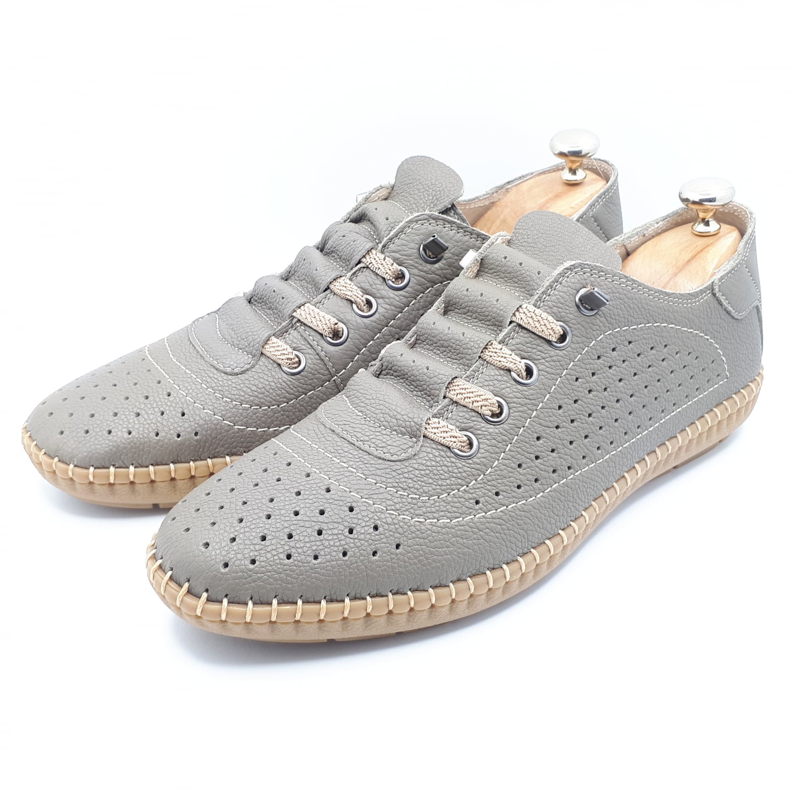 Pantofi Bărbați Din Piele Naturală Perforată Gri 6513