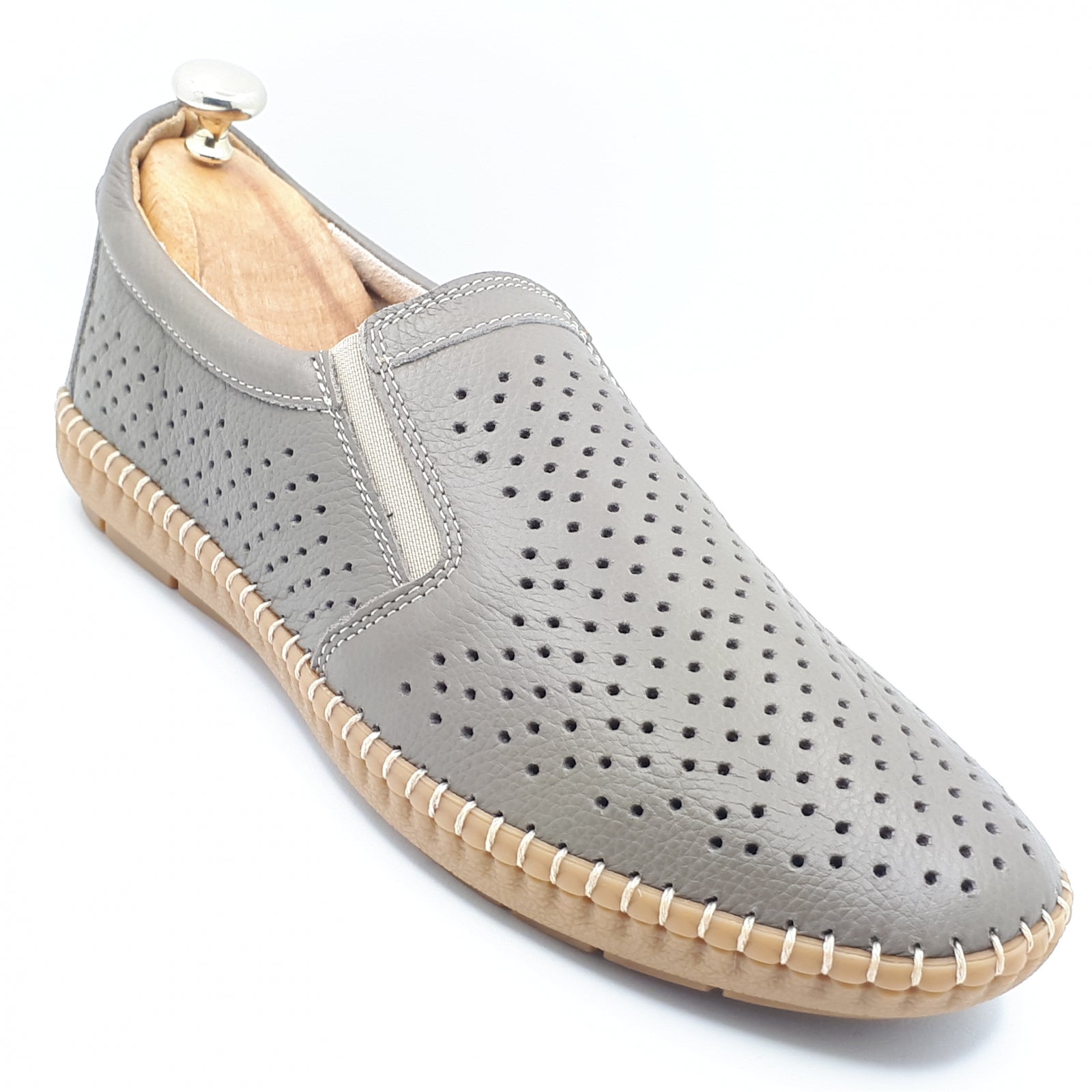 Pantofi Bărbați Din Piele Naturală Perforată Gri Nisip 6514