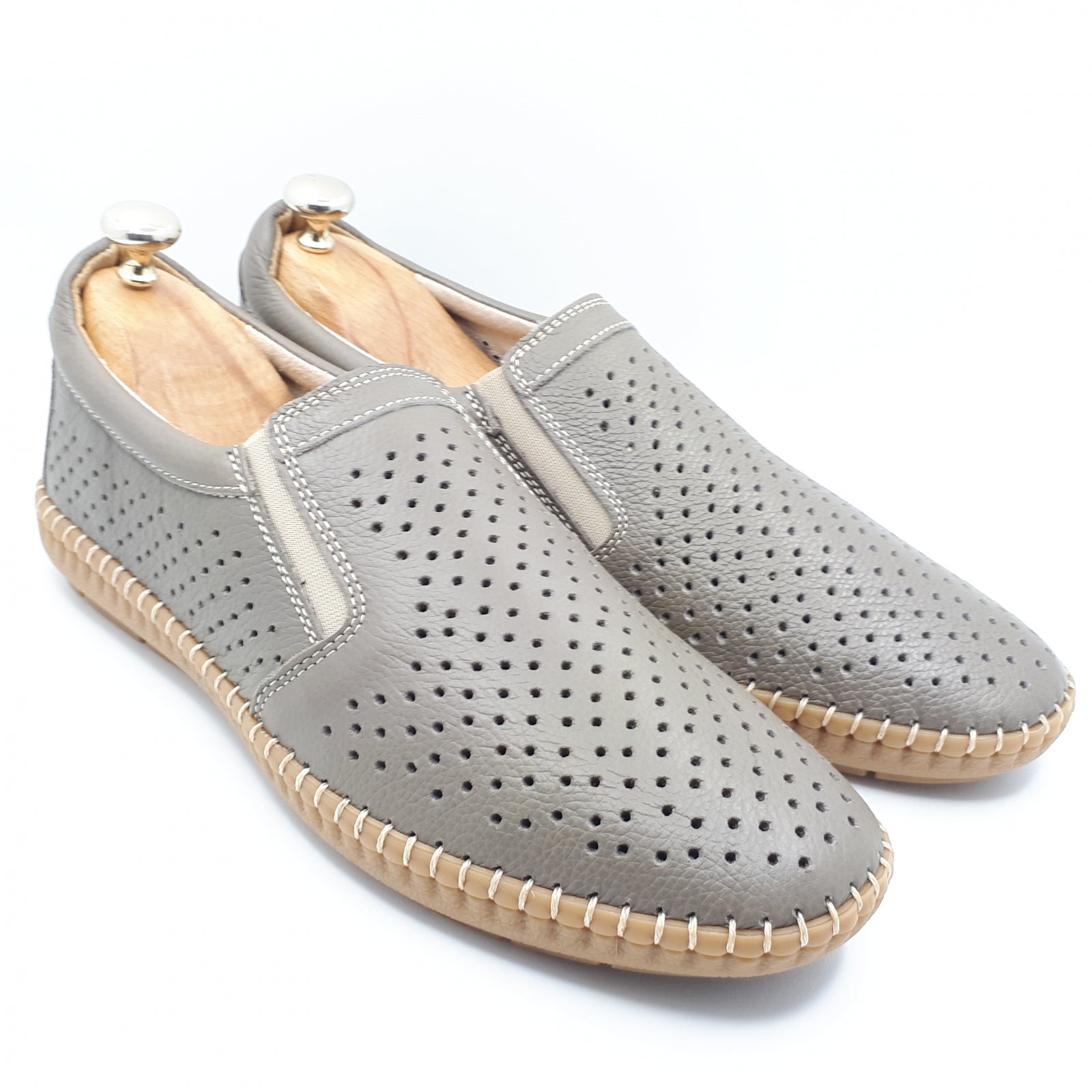 Pantofi Bărbați Din Piele Naturală Perforată Gri Nisip 6514