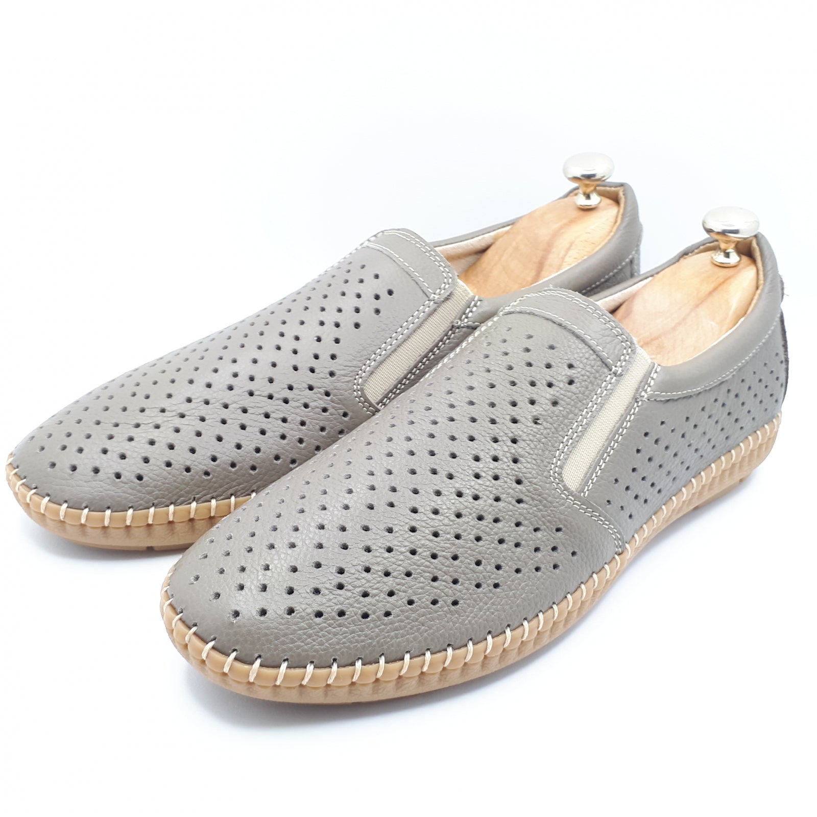 Pantofi Bărbați Din Piele Naturală Perforată Gri Nisip 6514