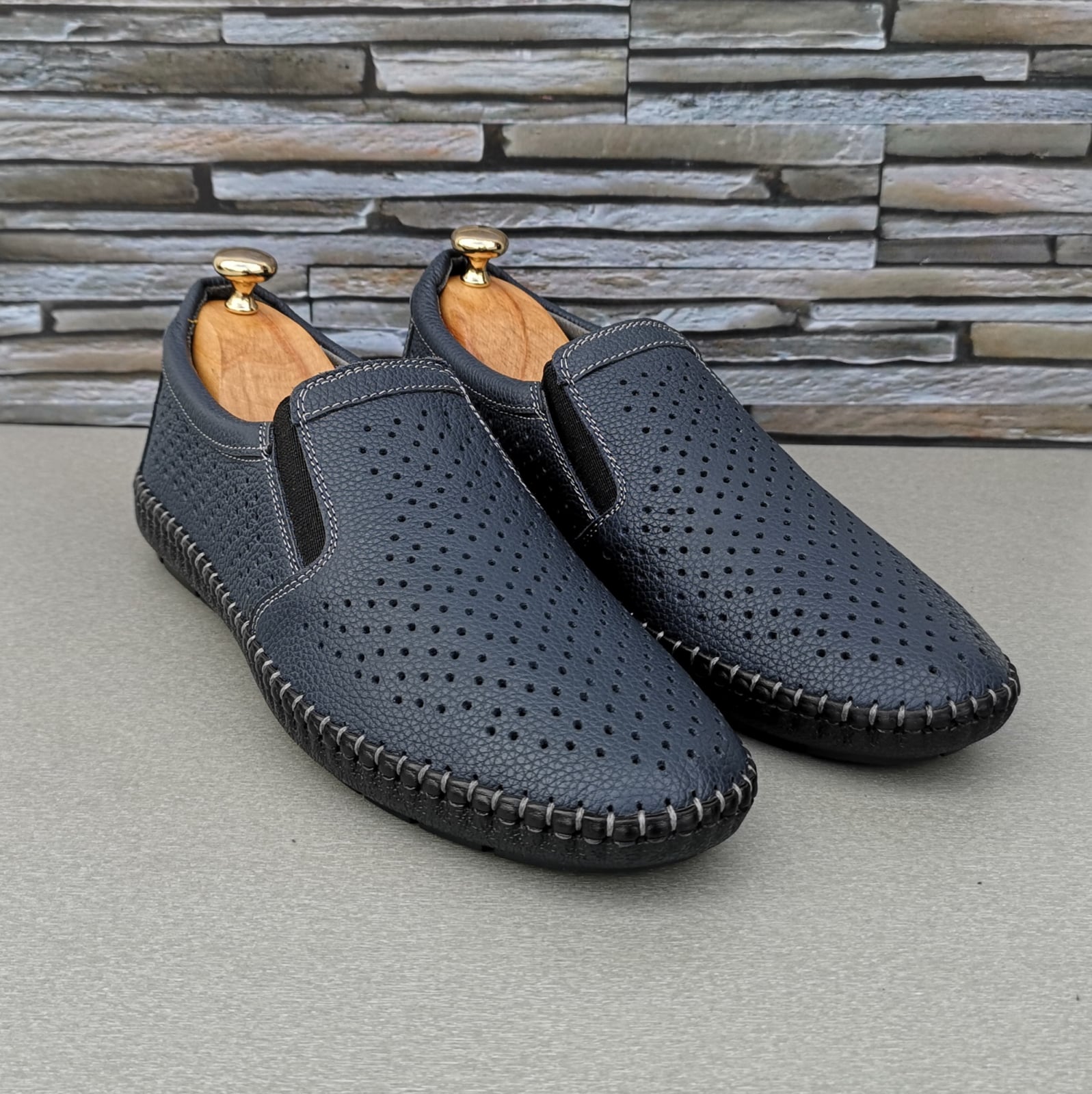 Pantofi Bărbați Din Piele Naturală Perforată Blue 6500