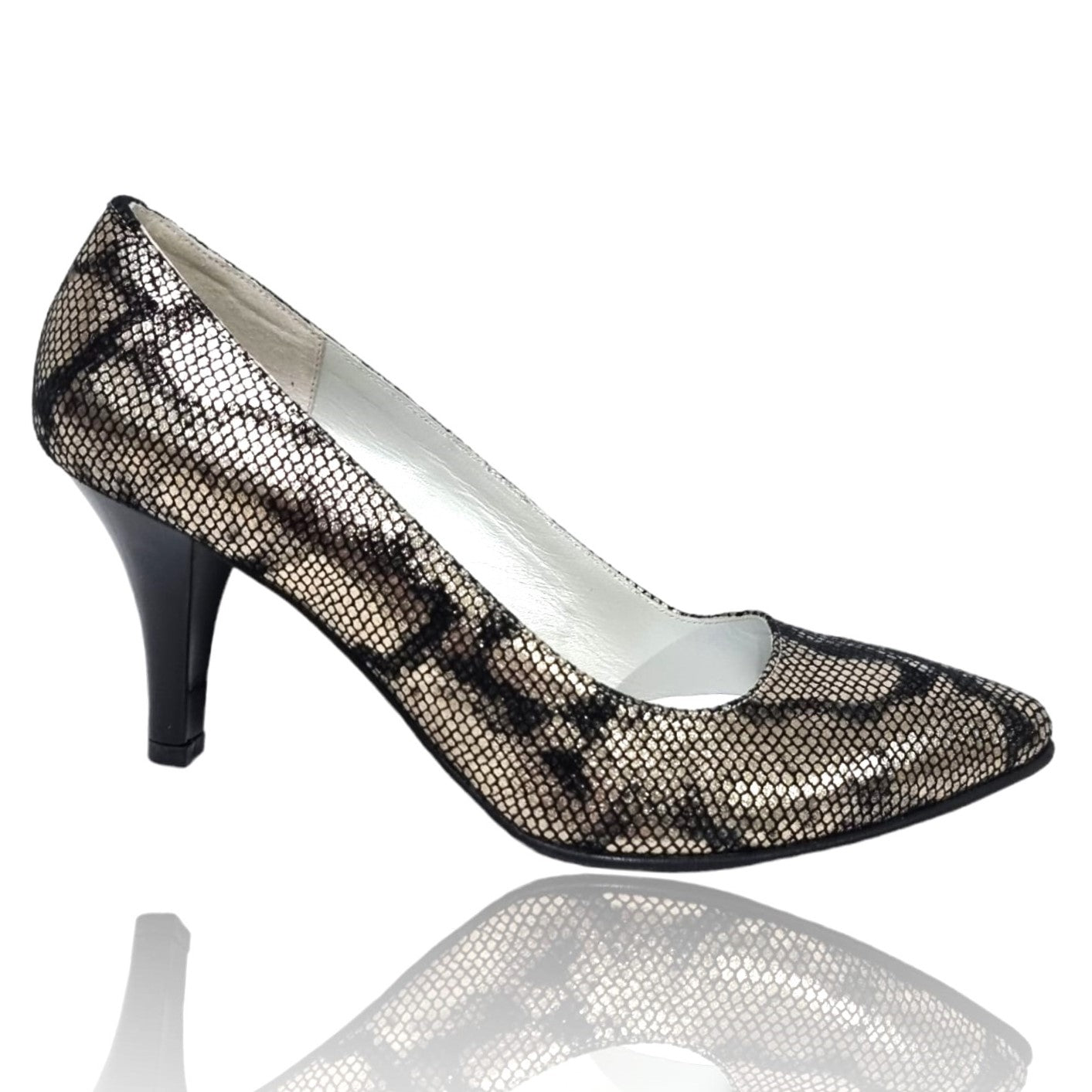 Pantofi Damă Eleganți Din Piele Naturală Piton Neagră Aurie 20757