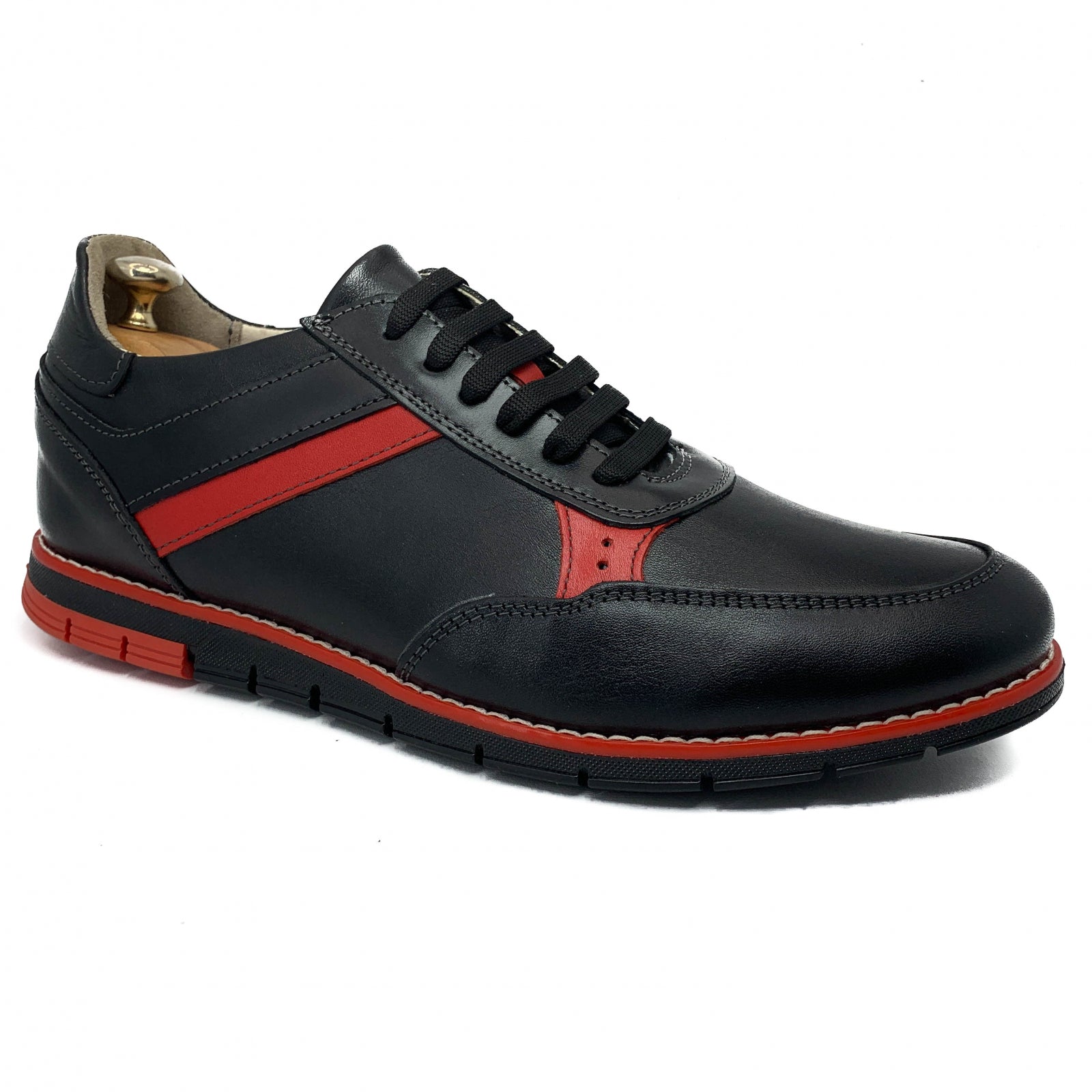 Pantofi Bărbați Sport Din Piele Naturală Neagră Roșie 3516