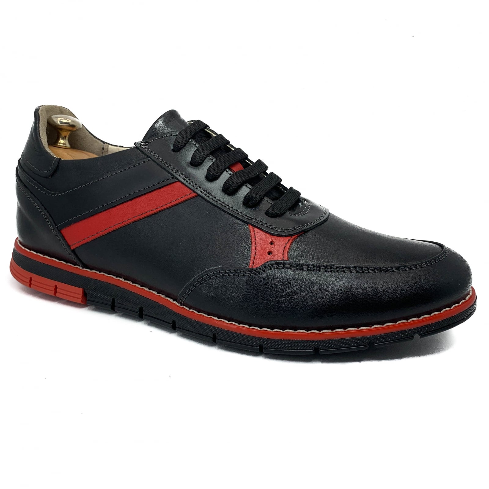 Pantofi Bărbați Sport Din Piele Naturală Neagră Roșie 3516