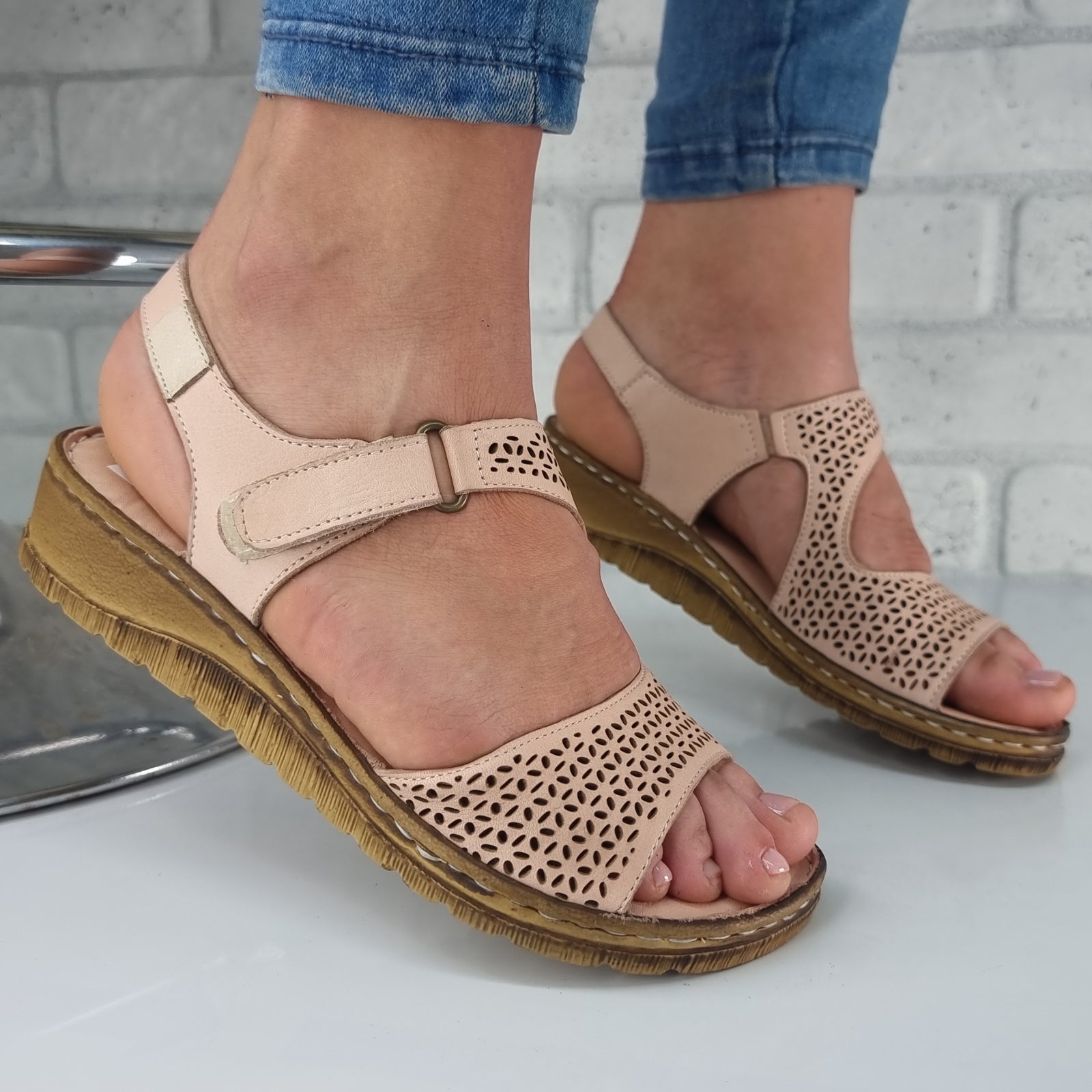 Sandale Damă Casual Confort Din Piele Naturală Pudra 13539