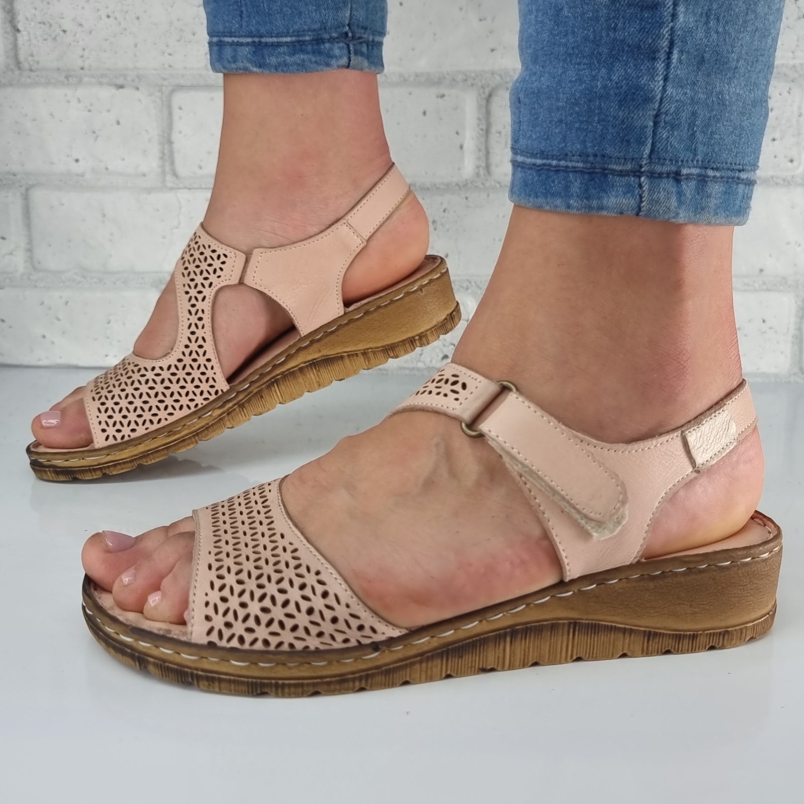 Sandale Damă Casual Confort Din Piele Naturală Pudra 13539