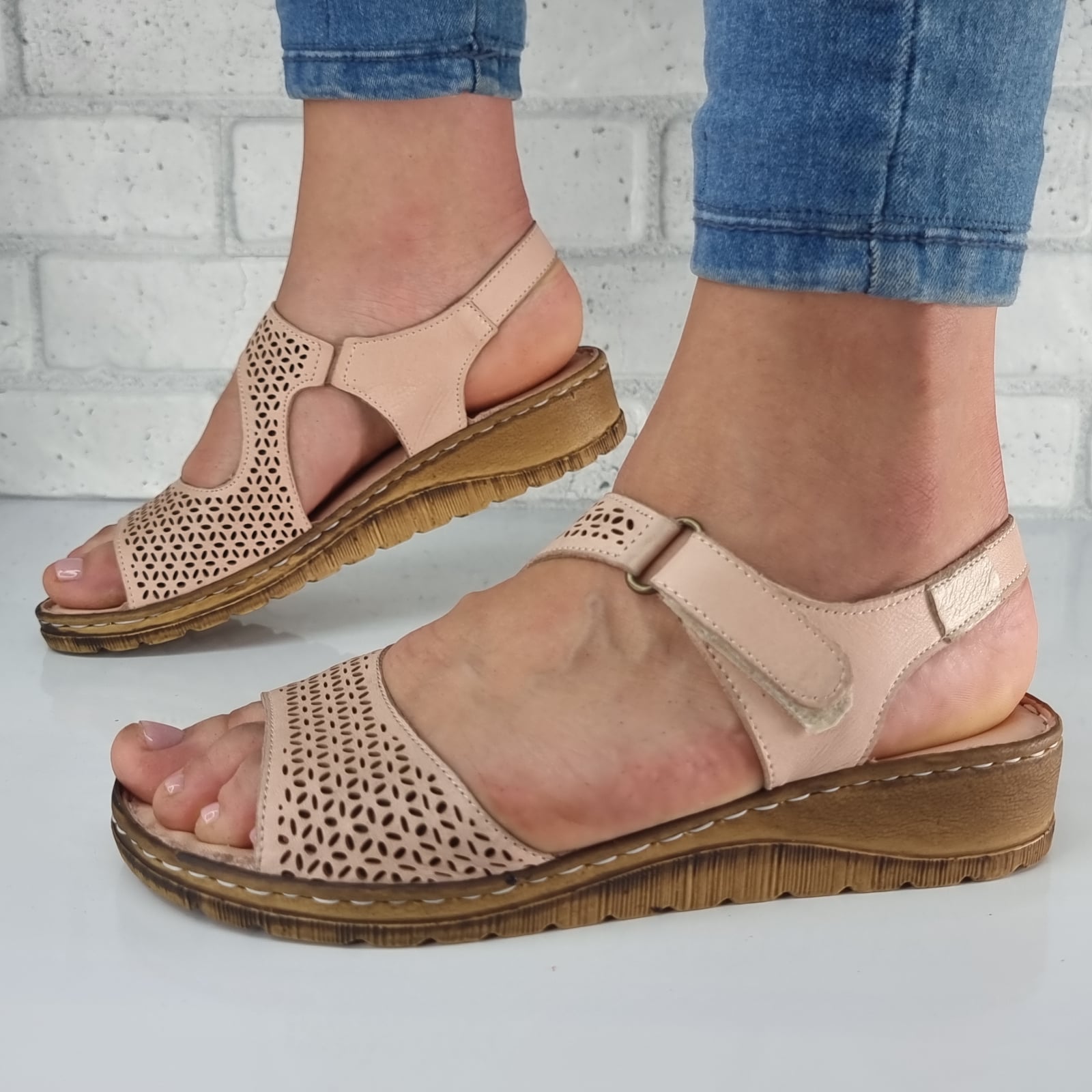 Sandale Damă Casual Confort Din Piele Naturală Pudra 13539