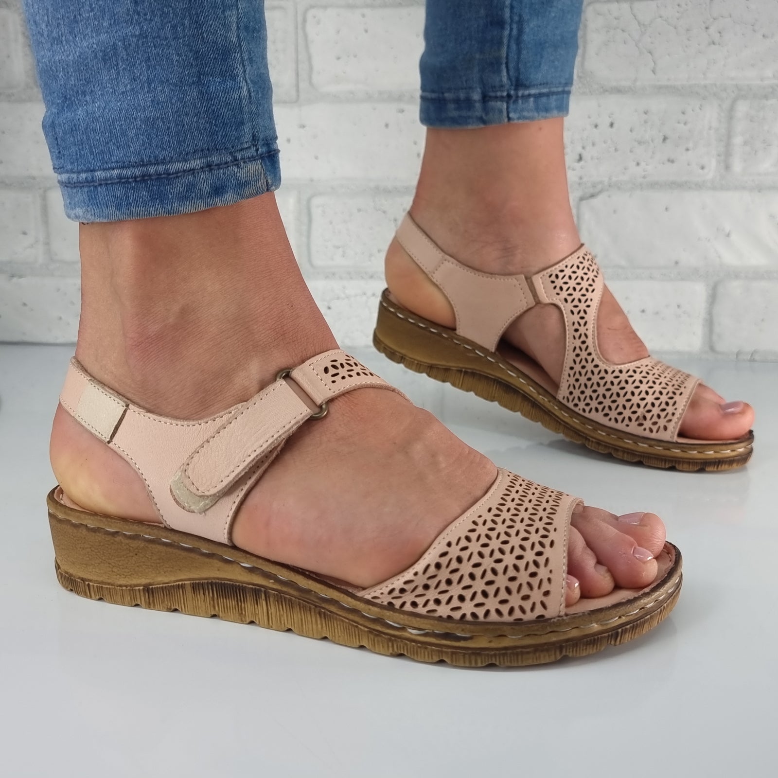 Sandale Damă Casual Confort Din Piele Naturală Pudra 13539