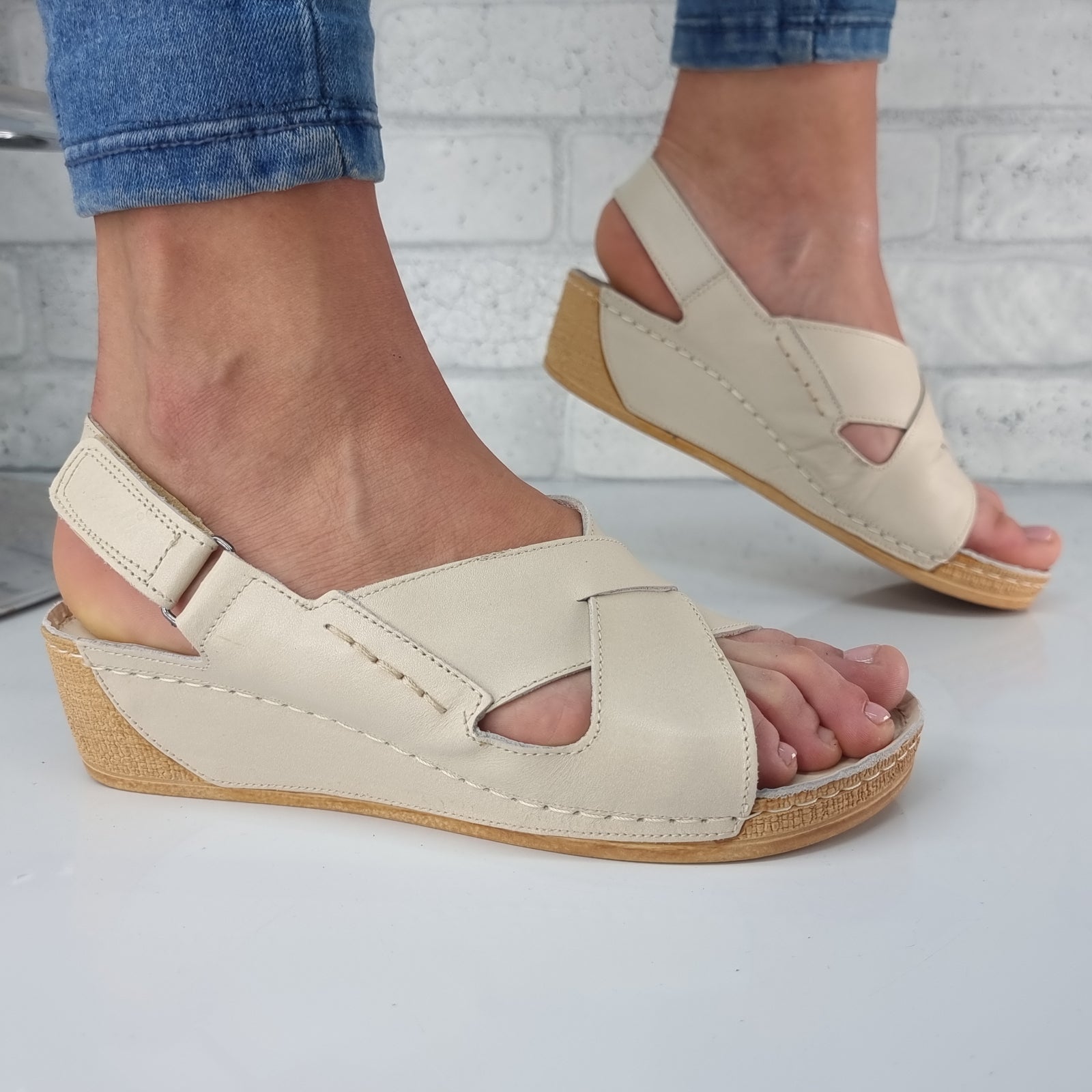 Sandale Damă Din Piele Naturală Crem 13582